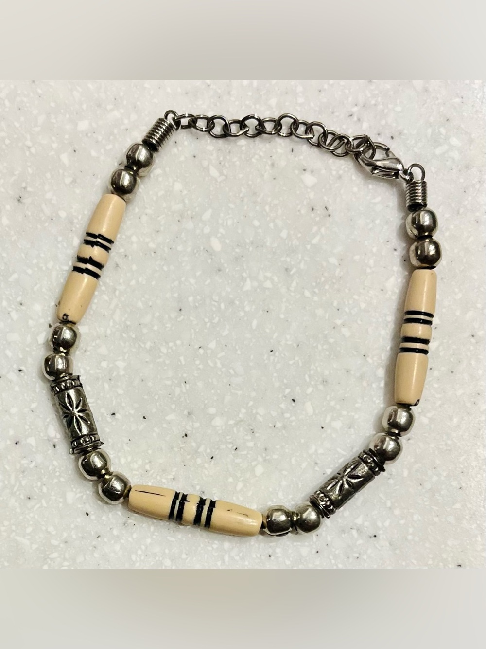 Vintage Beaded Ivory and Silver-Tone Bracelet